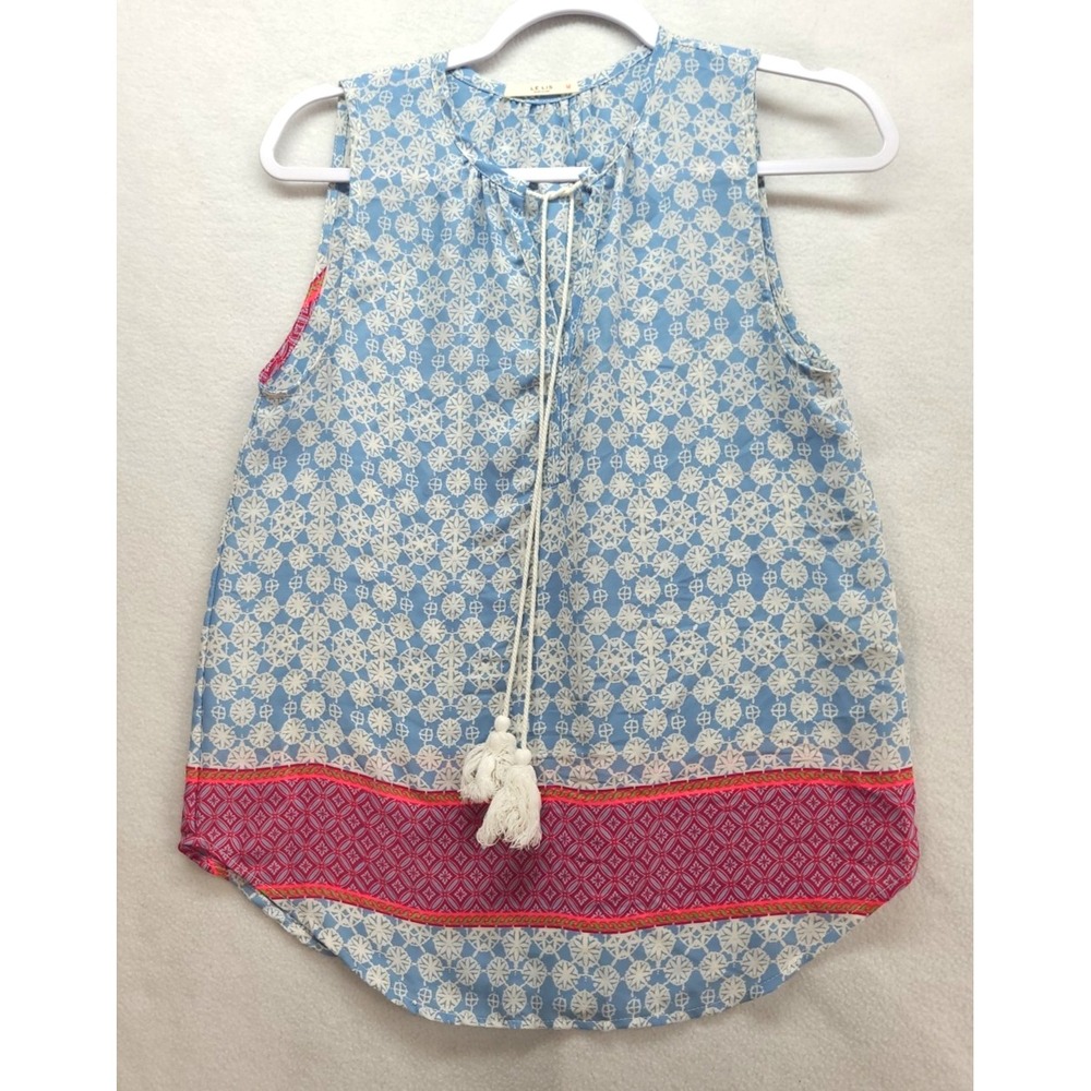 Le Lis Long Sleeveless Slit Tie Neck Contrast Print Top Size Small Long Tunic